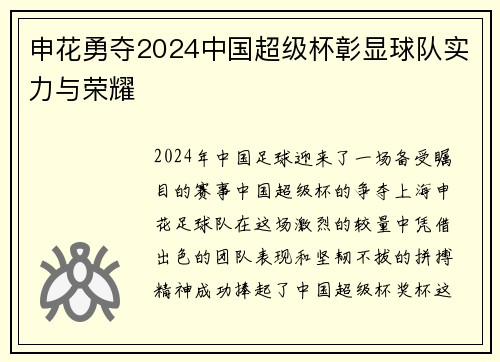 申花勇夺2024中国超级杯彰显球队实力与荣耀