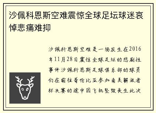 沙佩科恩斯空难震惊全球足坛球迷哀悼悲痛难抑 沙佩科恩斯空难震惊全球足坛球迷哀悼悲痛难抑