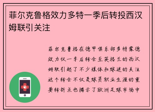 菲尔克鲁格效力多特一季后转投西汉姆联引关注